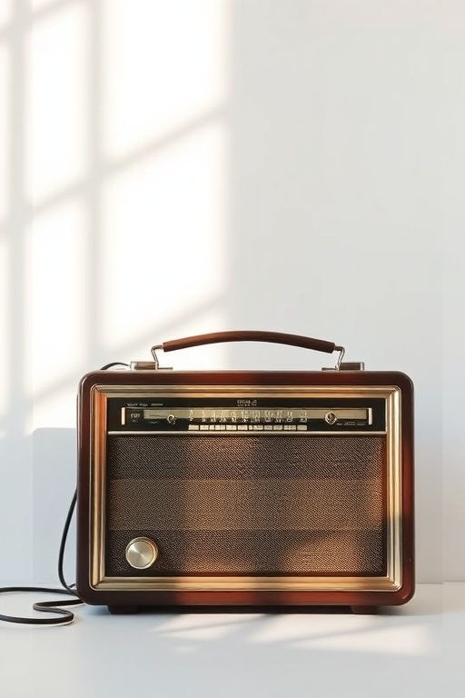 vintage radio on a minimalist backdrop, soft natural lighting, 50mm lens, f/2.8 aperture, ISO 100, shot from a low angle, digital photography