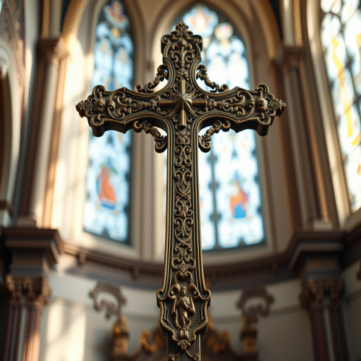 Capture a high-resolution image of an ornate cross within a church, using a Canon EOS R5 with a 50mm lens, aperture f/1.8, ISO 100, natural lighting, shallow depth of field, and a slightly elevated angle to emphasize the intricate details.