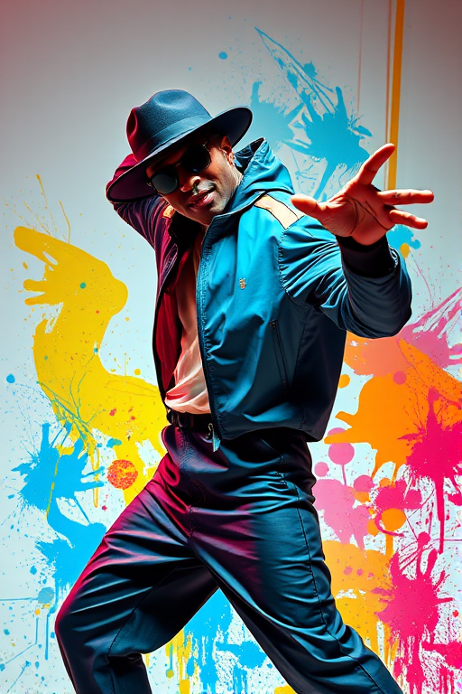 Regenerate an illustration of a fashion-forward performer striking a dynamic pose with vibrant colors and splashes of paint in the background, use a Canon EOS R5 with an aperture of f/2.8, shutter speed of 1/250s, ISO 100, shooting from a low angle with a wide-angle lens to enhance the image quality and depth.