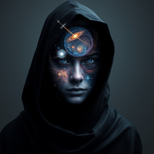 A mysterious hooded figure stands silently, the dark cloak flowing around them like shadows. Beneath the hood, their face is a mesmerizing cosmic scene where swirling galaxies, radiant stars, and vibrant planets form the features. Nebulas drift where eyes should be, glowing softly, while delicate streaks of cosmic energy trace the outlines of a nose and lips. Comets streak across the vastness of their face, and faint constellations pulse with life. The entire visage shifts and evolves as if the universe itself is contained within the figure, giving an ethereal, otherworldly presence to their form.