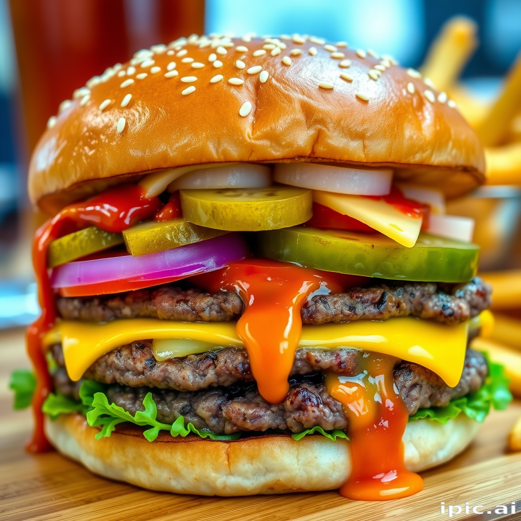 High-resolution, close-up image of a gourmet double cheeseburger. The burger features a glossy, sesame-seed-topped brioche bun. Inside, there are two thick, juicy beef patties, each topped with melted cheddar cheese. The burger is garnished with fresh lettuce, tomato slices, diced onions, and pickles. A generous amount of ketchup and a creamy, orange-colored sauce is dripping down the sides, adding to the mouth-watering appeal. In the background, there are blurred elements including a side of golden French fries and a hint of a beverage, enhancing the overall presentation of a delicious meal.