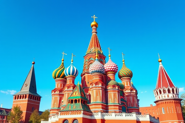 A vibrant digital illustration of Saint Basil's Cathedral in Moscow, featuring colorful onion domes and a clear blue sky, captured with a wide-angle lens at f/8, ISO 100, with a slight tilt-shift effect, in a modern vector art style.
