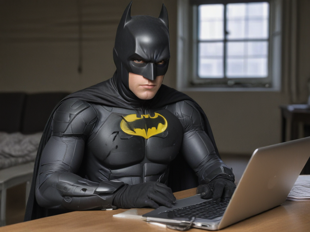 A nerdy looking Batman editing an excel spreadsheet on a laptop