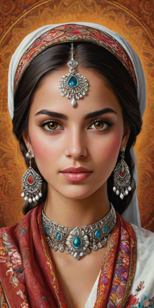 Create a portrait of a beautiful Hispanic woman with striking white eyes and a gentle expression. She is adorned in traditional attire with intricate patterns, including a richly embroidered headscarf and matching garments. Her jewelry includes a delicate headpiece, dangling earrings, and ornate bracelets, all featuring vibrant gemstones and detailed metalwork. The background is soft and warm, enhancing the rich colors of her outfit and jewelry.