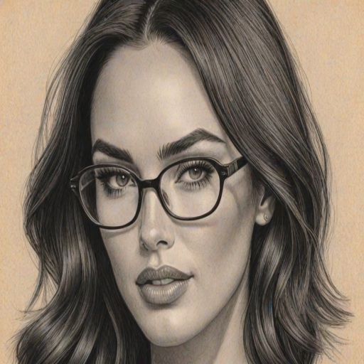 Bewitching Megan Fox, pencil sketch, portrait of Beauteous woman 1936s in glasses, hair style beatnik, outline, clear lines, fine lines, 8k