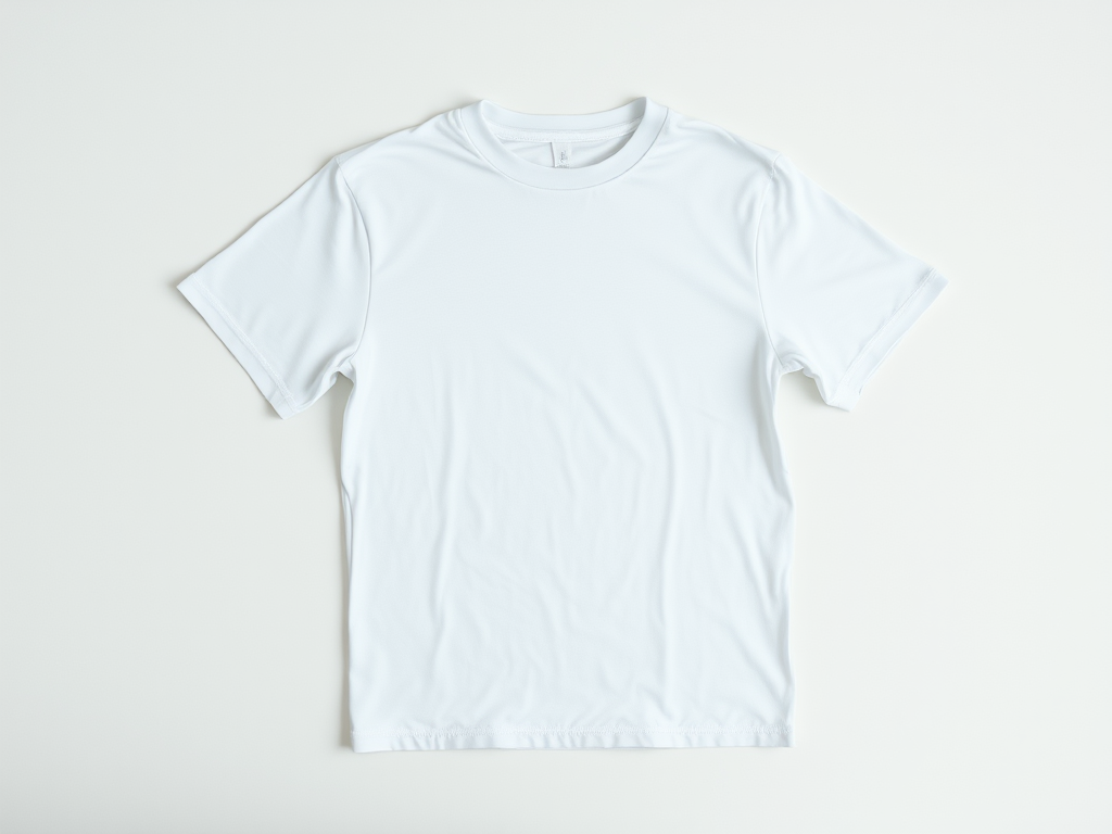 Create an image of a plain white t-shirt on a neutral background, taken with a DSLR camera at f/4 aperture, ISO 100, shutter speed 1/125s, 50mm lens, soft natural lighting, and a top-down view to enhance details and texture.