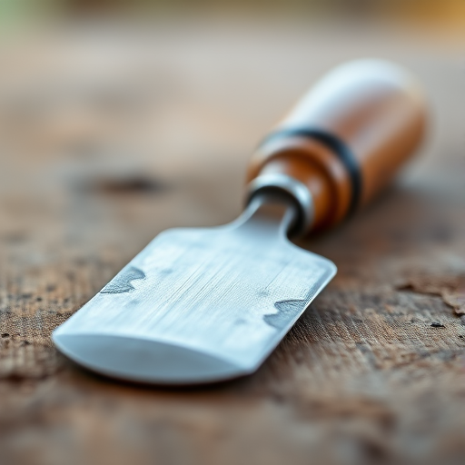 Create a high-resolution image of a detailed chisel with a wooden handle, shot with a 50mm lens at f/2.8, in natural light, with a shallow depth of field, using a DSLR camera in macro mode.