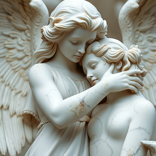 A detailed close-up of a marble angel sculpture interacting with a female figure, soft natural lighting, 50mm lens at f/2.8, ISO 100, shot with a full-frame DSLR, capturing fine details and textures.