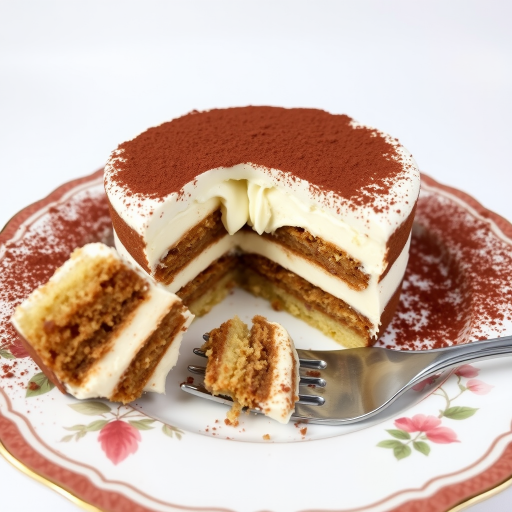 Create an image of a delicious layered dessert with a creamy texture and a dusting of cocoa powder on top. The dessert should be served on a decorative plate with a fork beside it. Include a partially eaten slice to showcase the layers of cake and cream inside. The background should be simple and neutral to emphasize the dessert.