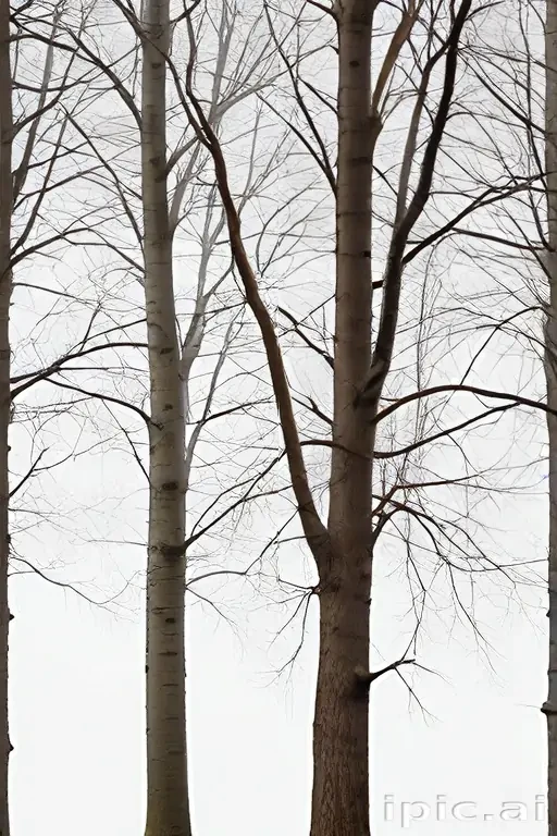 Misty Forest Scene Featuring Tall Trees with Bare Branches and Foggy ...