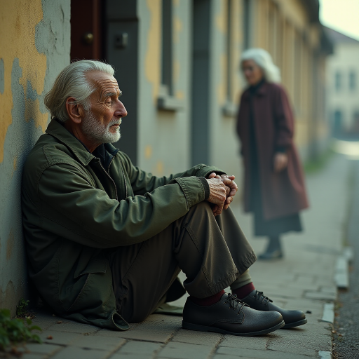 beautifully weathered old homeless veteran sitting on the ground slumping against the wall of a building with his eyes closed. there is an Ethereal, translucent figure of a beautiful elderly woman comforting him