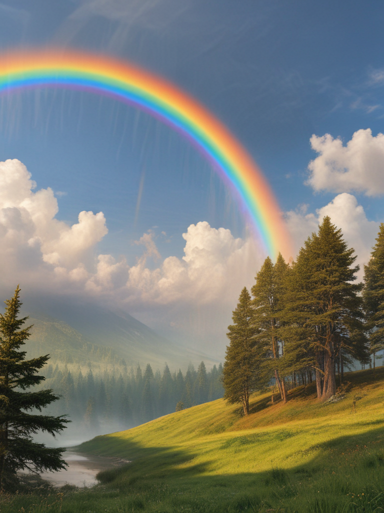 Vibrant Rainbow Arching Over Serene Landscape with Lush Green Trees