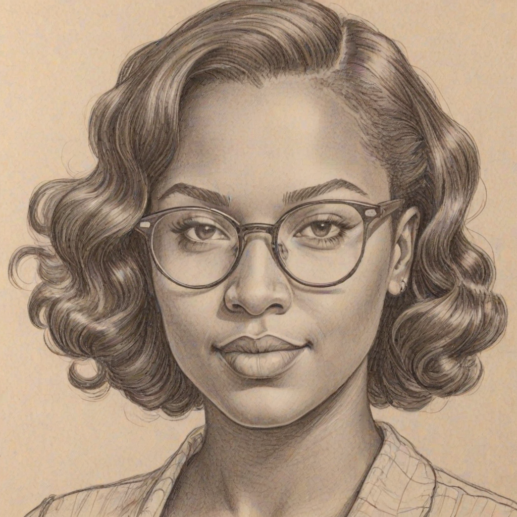 Resplendent Breonna Taylor, pencil sketch, portrait of Fetching woman 1936s in glasses, hair style beatnik, outline, clear lines, fine lines, 8k
