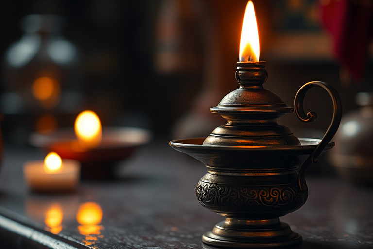Create a high-resolution image of a traditional oil lamp with a glowing flame, captured from a close-up view using a DSLR camera, aperture set to f/2.8 for background blur, ISO 100 for clear detail, and a soft lighting effect to enhance the warm tones.