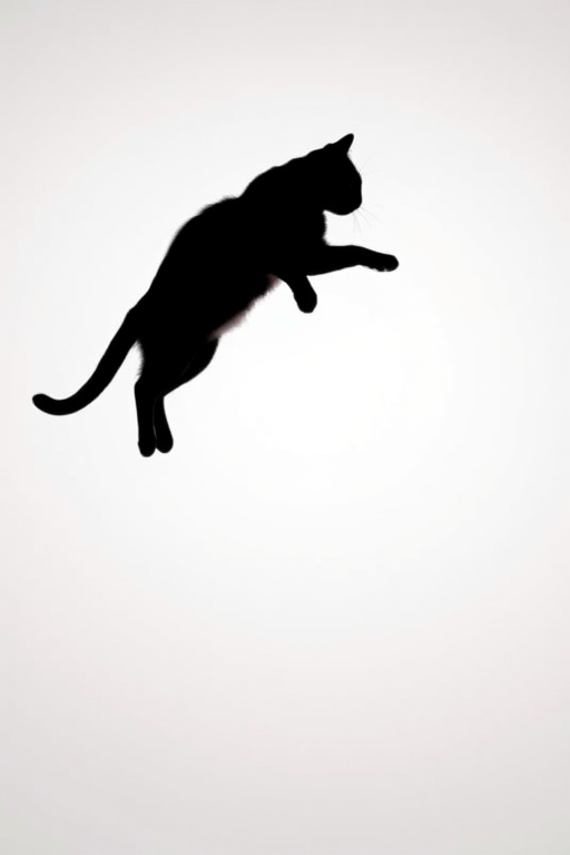 Create a high-resolution silhouette of a leaping cat with sharp edges on a plain background, using a DSLR camera with a 50mm lens at f/1.8, ISO 100, shutter speed 1/500s, in a studio setting for optimal clarity.