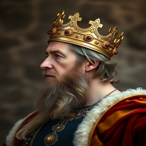 portrait of a historical king in profile, wearing a crown and regal attire, soft focus, natural lighting, 50mm lens, f/1.8, aperture priority mode, DSLR camera, high resolution