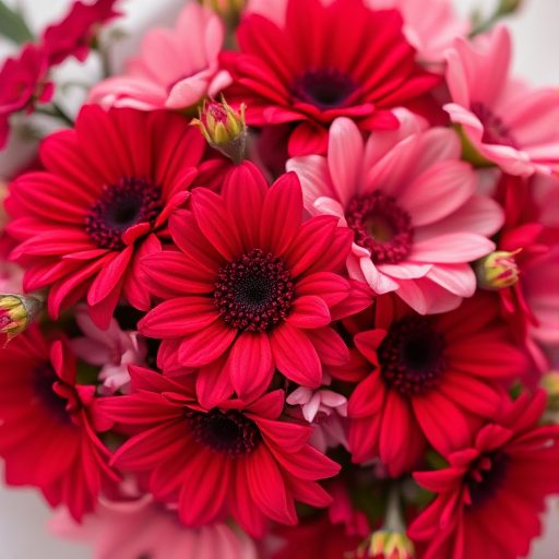 high-resolution floral arrangement featuring vibrant red and pink flowers, soft focus, f/2.8 aperture, 50mm lens, ISO 100, natural light, top-down view