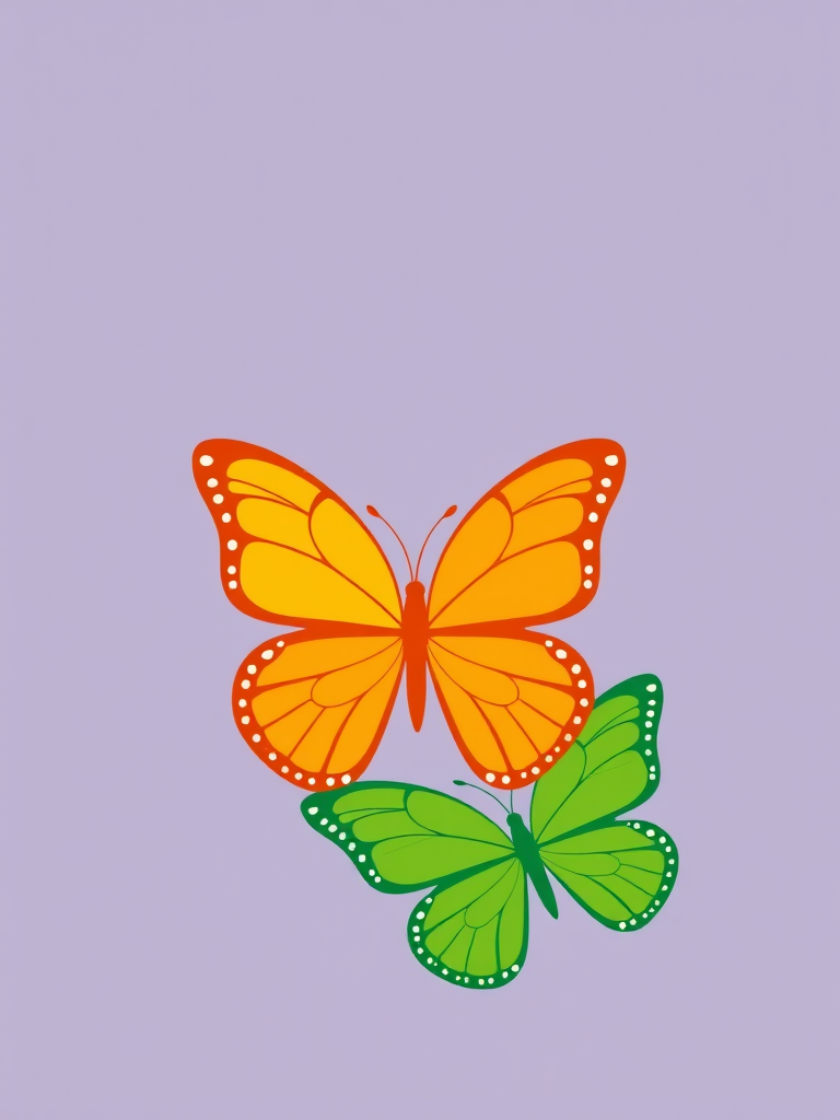 Create a high-resolution digital illustration of three stylized butterflies, one yellow, one orange, and one green, arranged vertically on a solid background, using a Canon EOS R5 with a 50mm lens, aperture f/2.8, ISO 100, in a bright and colorful vector art style.