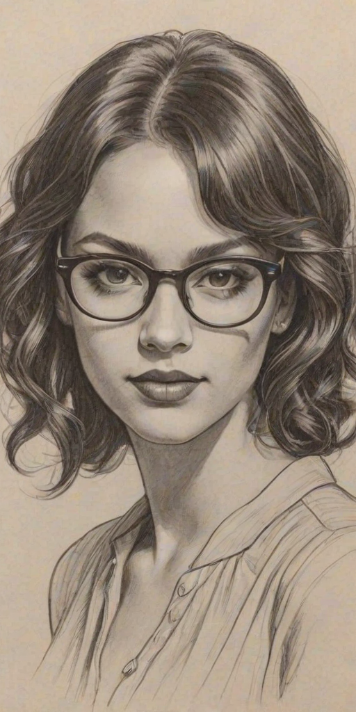 Bewitching Samantha Logan, pencil sketch, portrait of Ravishing woman 1924s in glasses, hair style beatnik, outline, clear lines, fine lines, 8k