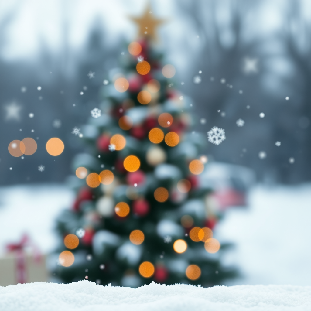 Create a serene winter scene with softly falling snowflakes, a blurred background featuring a decorated Christmas tree, and gentle bokeh lights. The foreground should have a snowy texture, creating a cozy holiday atmosphere.