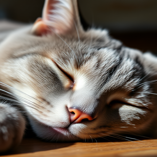 close-up shot of a sleeping gray cat with green eyes, soft natural light, low angle view, aperture f/2.8, ISO 200, shutter speed 1/60s, DSLR camera