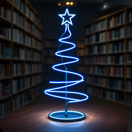 Generate an image of a modern Christmas tree made of glowing blue neon lights in a library setting, with bookshelves in the background and a soft light illuminating the scene. The tree should have a spiral design and be placed on a wooden table, with a circular glow on the surface below it.