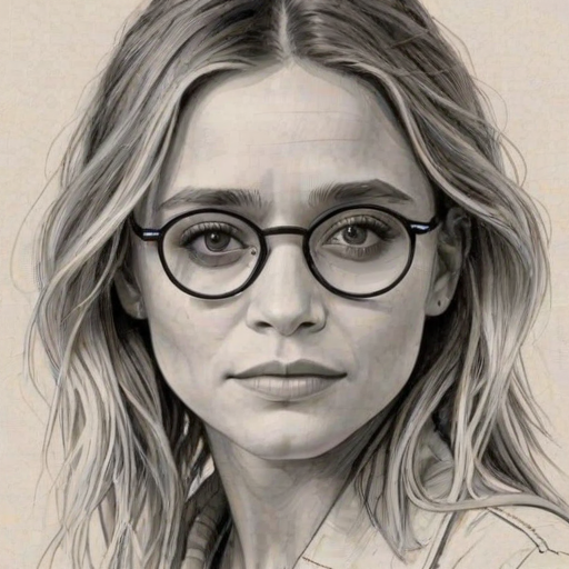 Appealing Mary-Kate Olsen, pencil sketch, portrait of Enticing woman 1928s in glasses, hair style beatnik, outline, clear lines, fine lines, 8k