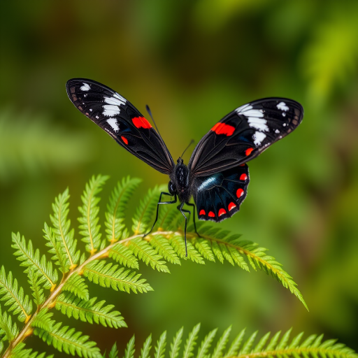Capture a close-up of a black butterfly with white and red markings resting on a green fern, use a Canon EOS 5D Mark IV, with a 100mm f/2.8L macro lens, set aperture to f/4, ISO 100, shutter speed 1/250 sec, taken in natural light for vibrant colors and sharp details.