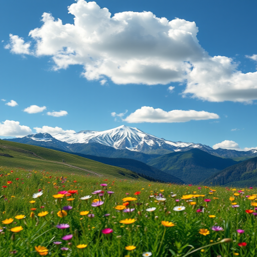 Generate a serene landscape with majestic snow-capped mountains in the background, lush green meadows filled with colorful wildflowers in the foreground, bright blue sky with fluffy clouds, shot with a Nikon D850, 24mm lens, f/8 aperture, ISO 100, 1/250s shutter speed, high dynamic range to enhance image quality.