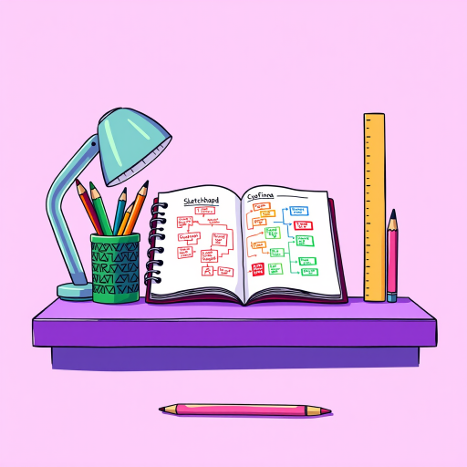 Create a vibrant, high-resolution illustration of a desk featuring a sketchbook with a colorful flowchart, a green pencil holder with colored pencils, a wooden ruler, and a pink pencil, all set against a bright purple background, using a Canon EOS R5 camera at f/2.8 with a 50mm lens, 1/125s shutter speed, and ISO 100 for enhanced detail and color saturation.
