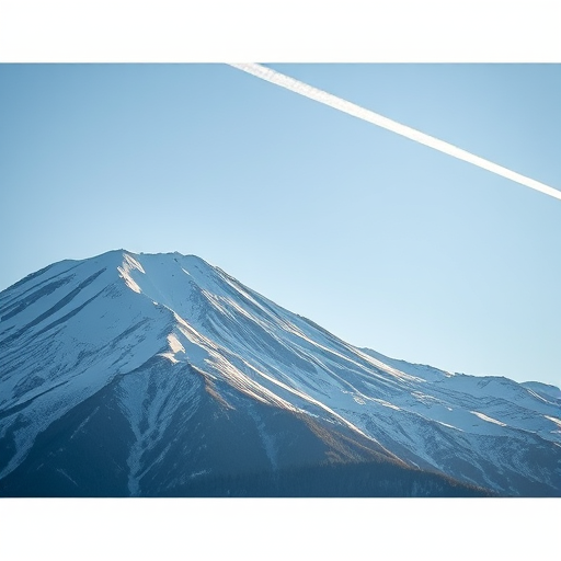 capture a high-resolution image of a snow-capped mountain under a clear sky with a contrail, using a DSLR camera, 50mm lens, aperture set to f/8, ISO 100, shutter speed 1/200s, in early morning light for enhanced clarity and detail
