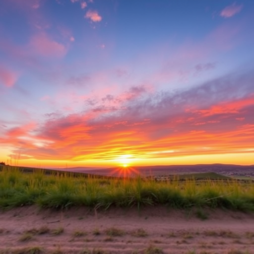 Create a high-resolution image of a serene landscape at sunset with vibrant colors, using a DSLR camera, 50mm lens, f/1.8 aperture, ISO 100, 1/200 sec shutter speed, taken from a low angle view with a wide perspective.