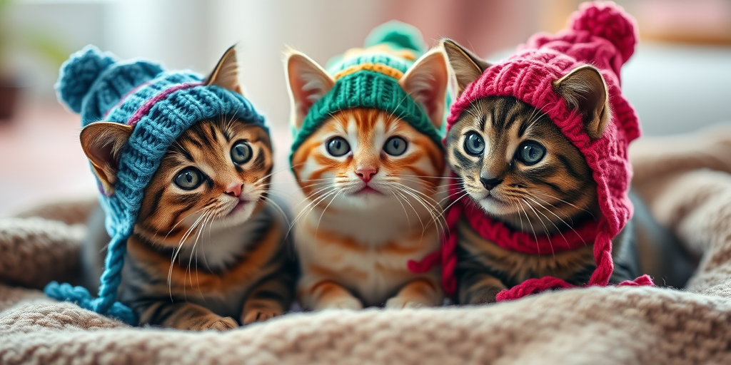 Three adorable cats wearing colorful knitted hats, sitting close together on a cozy blanket, soft natural lighting, shallow depth of field, 50mm lens, f/1.8 aperture, ISO 200, DSLR camera, portrait orientation.