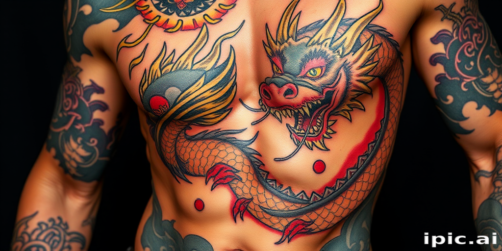 Powerful body tattoo portraying a fierce dragon winding around the torso, executed in a traditional Japanese style with bold colors and dynamic shading