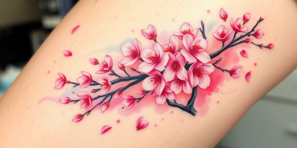 Vibrant watercolor tattoo showcasing a blooming cherry blossom tree with petals floating in the wind, featuring soft pastel hues and delicate brushstrokes, known as "Sakura Splash"