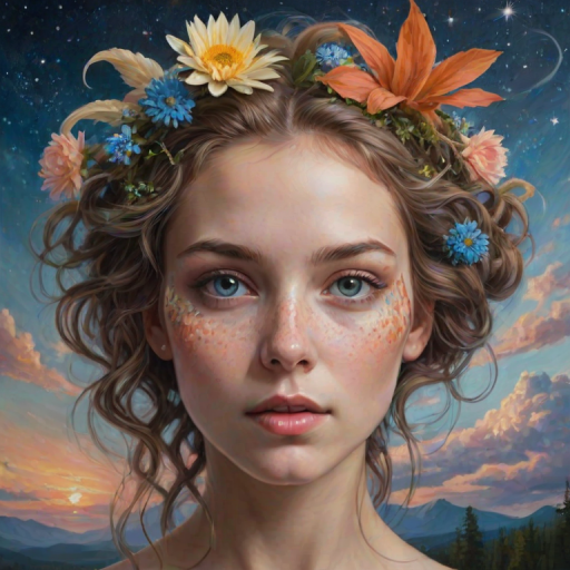 Create a series of imaginative portraits where each subject is infused with elements of fantasy and nature. The hair of the individuals should flow like clouds, varying from soft, fluffy cumulus to wispy cirrus strands, with hints of color reflecting a sunset or a clear blue sky. The eyes should be windows to entire galaxies, with stars, nebulae, and distant planets visible within them. Clothing should be adorned with nature motifs, such as floral patterns that bloom and change, vines that seem to grow and wrap around, or feathers that shimmer with iridescence. Each portrait should capture a unique personality, blending human features with the ethereal beauty of the natural and cosmic world. The backgrounds can vary, from starry night skies to enchanted forests, adding depth and context to the magical realism of the portraits