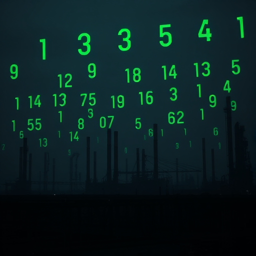 Generate a dystopian landscape with industrial silhouettes against a dark sky filled with floating green numbers, using a Canon EOS R5, 24mm lens, f/8 aperture, ISO 100, shot from a low angle with a wide shot to capture depth and detail.