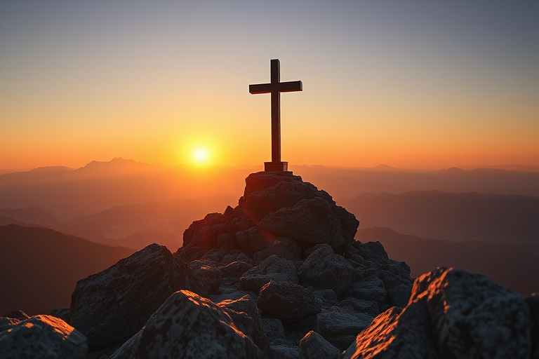 a scenic landscape of a cross on a mountain peak during sunset, with soft golden light illuminating the rocky foreground and distant mountains, captured with a DSLR camera at f/8, ISO 100, 1/250s, wide-angle lens, HDR style for enhanced detail and contrast, shot from a low angle for dramatic perspective