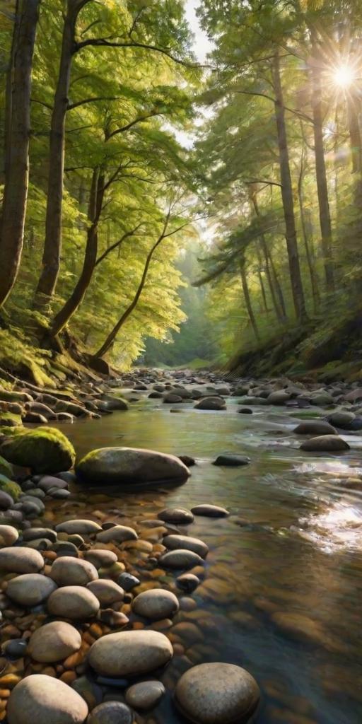 Create an image of a serene, sunlit forest scene with a clear, gently flowing river. Tall trees with lush green foliage line both sides of the river, their leaves bathed in the warm golden light of the setting or rising sun. The sunlight filters through the trees, casting soft, dappled light on the river, which flows over smooth rocks and pebbles, creating a peaceful, natural atmosphere. The sky is bright with a few scattered clouds, and the overall mood is tranquil, evoking a deep sense of connection with nature. The image captures the beauty of a calm, pristine forest landscape at either dawn or dusk.