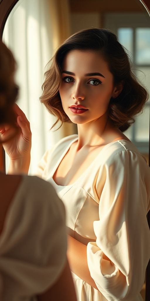 Create a high-resolution image of a vintage woman in a classic pose in front of a mirror, use a Canon EOS R5 camera, 50mm lens, f/1.8 aperture, ISO 100, 1/200 sec shutter speed, soft natural lighting for a warm atmosphere.