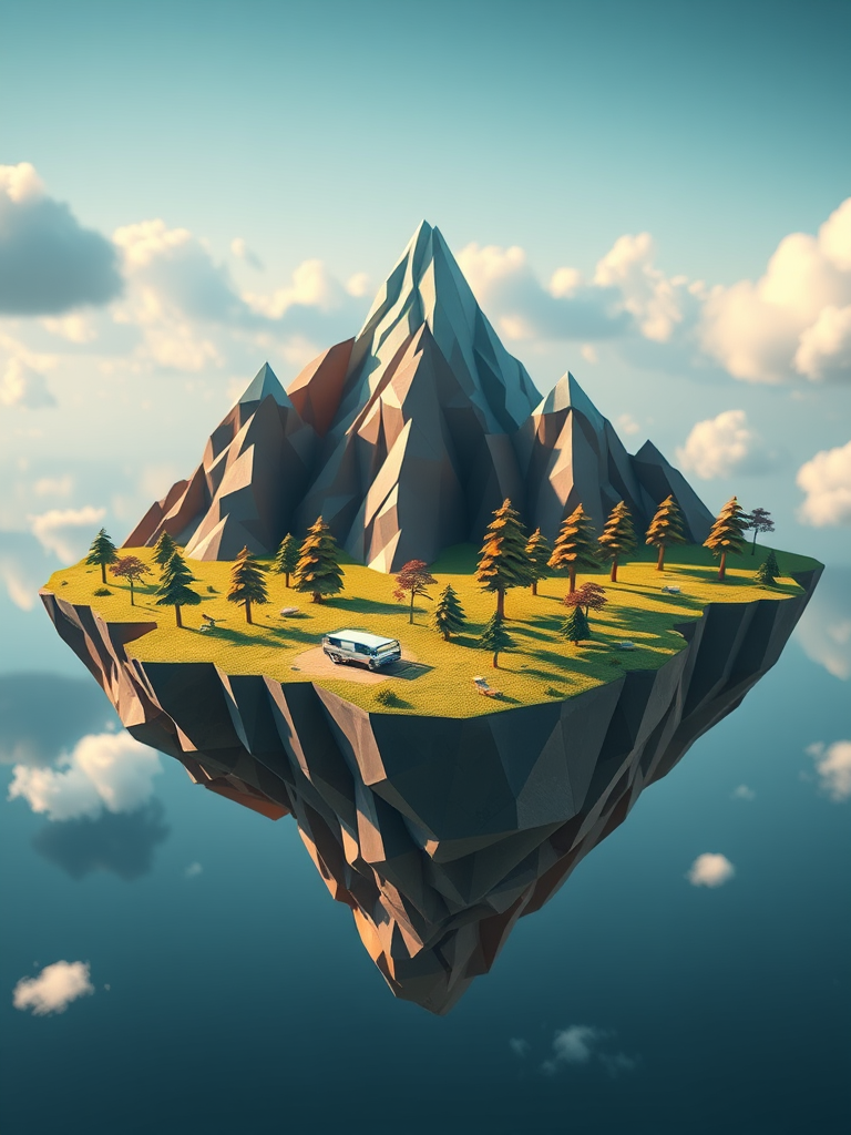 Create a high-resolution 3D rendering of a low-poly floating island featuring stylized mountains and geometric trees, with dramatic lighting and shadow effects, using a DSLR camera with a 50mm lens at f/8, ISO 100, shot from a slightly elevated angle to capture the entire scene, focusing on vibrant colors and intricate details.