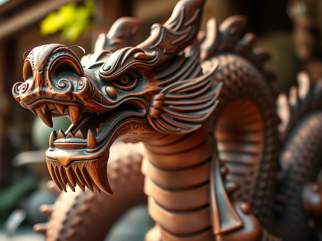 Capture an intricately carved wooden dragon sculpture with detailed scales and fierce expression, soft natural lighting, aperture f/2.8, ISO 100, 50mm lens, shallow depth of field, focus on intricate details, shot from a slightly low angle to emphasize its grandeur.