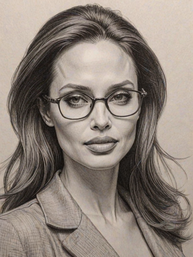 Bewitching Angelina Jolie, pencil sketch, portrait of Superb woman 1956s in glasses, hair style beatnik, outline, clear lines, fine lines, 8k