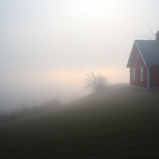 regenerate a misty landscape scene with a red house on the right, a faint outline of a field in the background, soft morning light illuminating the fog, use a DSLR camera, aperture f/4, shutter speed 1/60s, ISO 200, focal length 35mm, shot in landscape orientation, with a shallow depth of field for a dreamy effect.