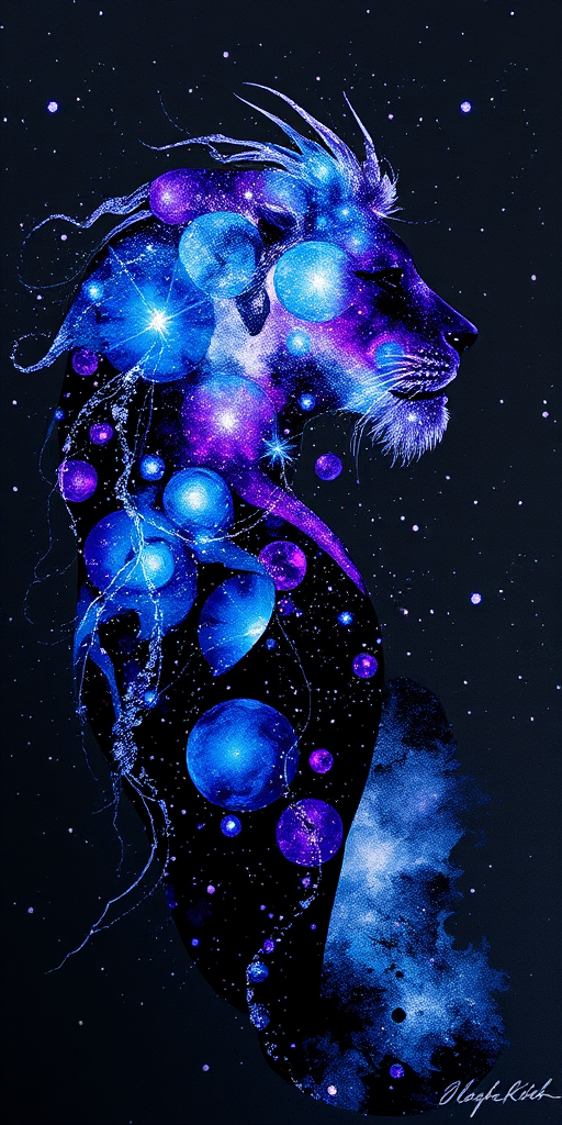Captivating conceptual render alcohol ink art, double exposure, the paint strokes artfully merge combining a woman's full silhouette with a Joyous jellybean (fish)'s silhouette. The figures are composed of a series of colored dots, lines & spots that evoke the image of a cosmic galaxy, colors are deep shades of blue purple & black with flashes of white & silver representing distant stars. The woman's silhouette is formed within the lion's silhouette from constellations of scattered stars, surreal