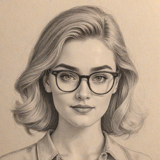 Attractive Meg Donnelly, pencil sketch, portrait of Charming woman 1956s in glasses, hair style beatnik, outline, clear lines, fine lines, 8k