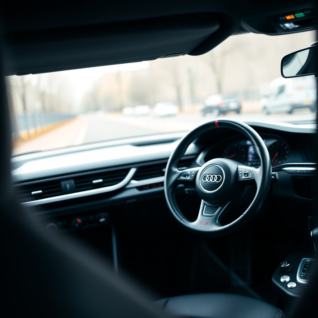 interior view of an Audi car dashboard with a focus on the steering wheel, high resolution, f/2.8 aperture, 1/60 shutter speed, ISO 100, wide-angle lens, natural lighting, DSLR camera
