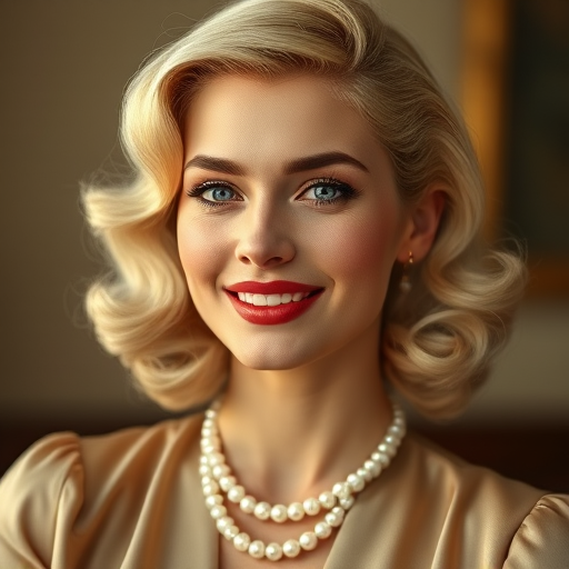 A beautiful Caucasian woman reminiscent of 1950s Hollywood glamour, with perfectly styled blonde hair and a seductive smile, dressed in a satin blouse and adorned with pearls, soft and warm tones, photorealistic, 8K