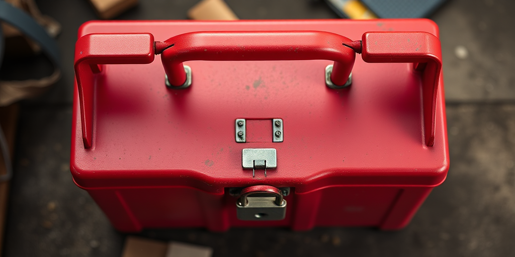 Create a high-resolution image of a red toolbox with a lock, using a Canon EOS 5D Mark IV camera, 50mm lens, f/2.8 aperture, ISO 100, natural lighting, top-down view, and a shallow depth of field for enhanced focus on the toolbox.