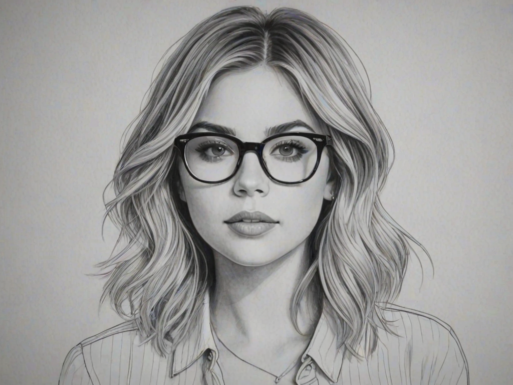Exquisite Ashley Benson, pencil sketch, portrait of Radiant woman 1964s in glasses, hair style beatnik, outline, clear lines, fine lines, 8k